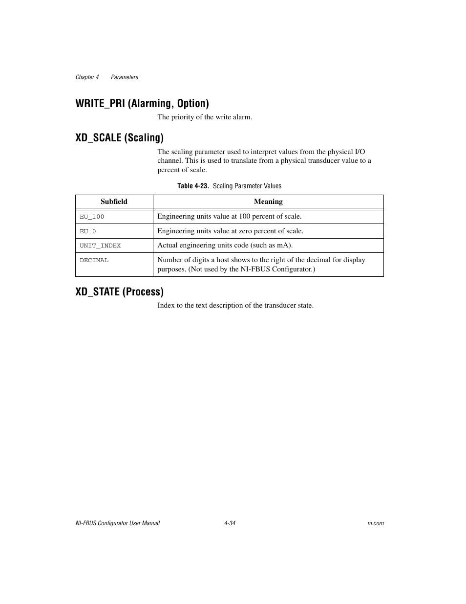 Write_pri (alarming, option), Xd_scale (scaling), Table 4-23. scaling parameter values | Xd_state (process) | National Instruments NI-FBUS User Manual | Page 99 / 157