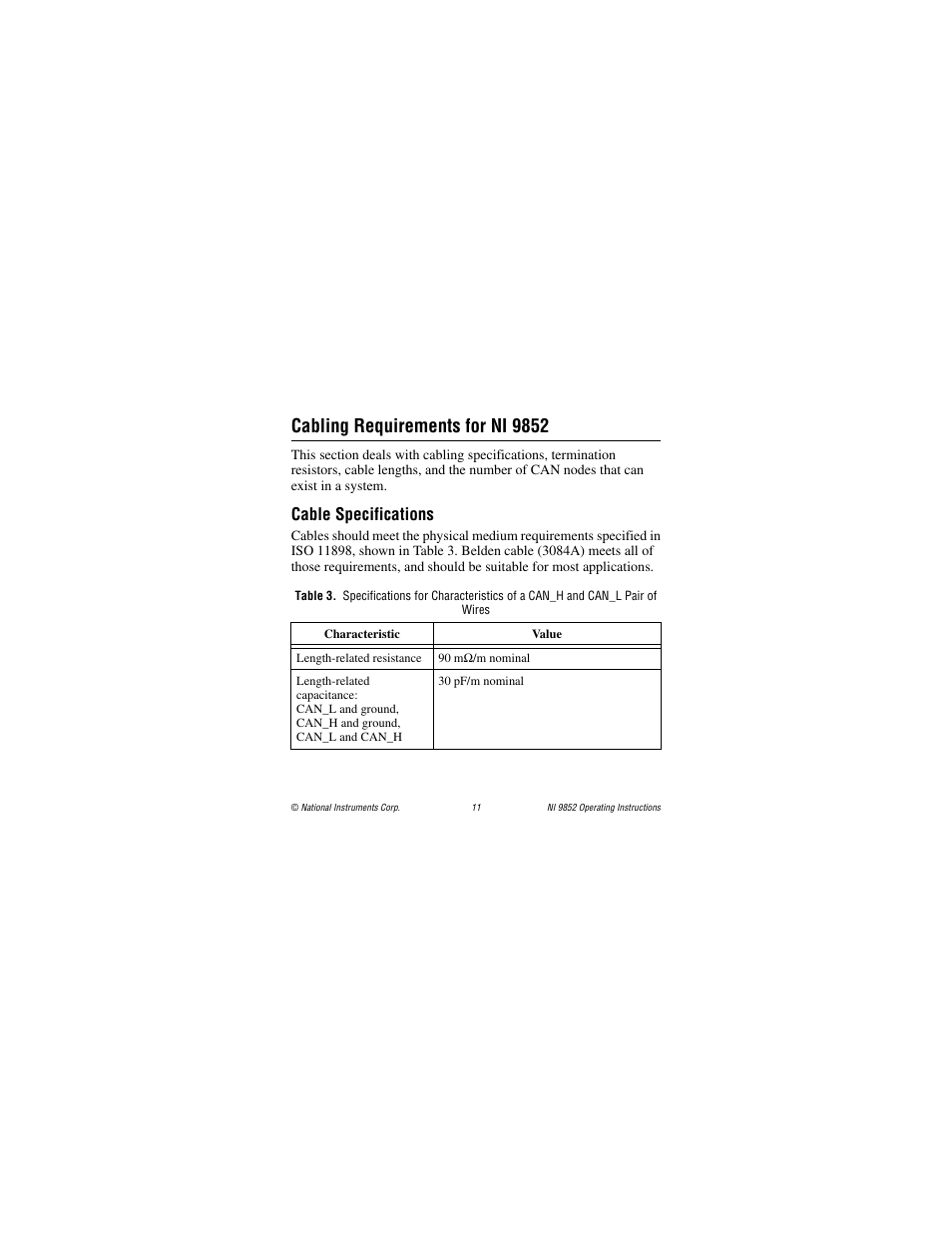 Cabling requirements for ni 9852, Cable specifications | National Instruments NI 9852 User Manual | Page 11 / 27