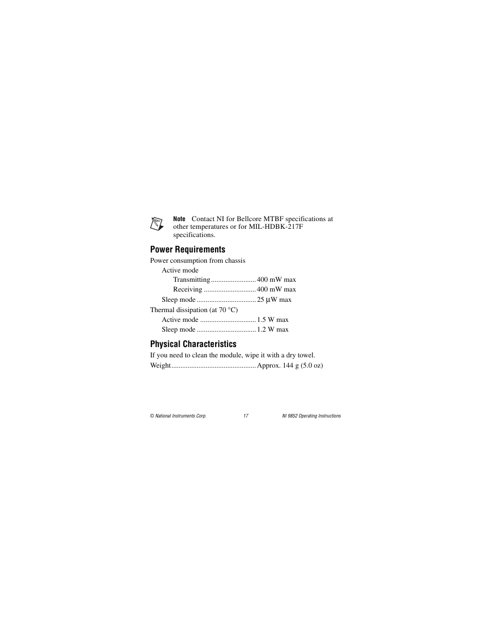Power requirements, Physical characteristics | National Instruments NI 9852 User Manual | Page 17 / 27