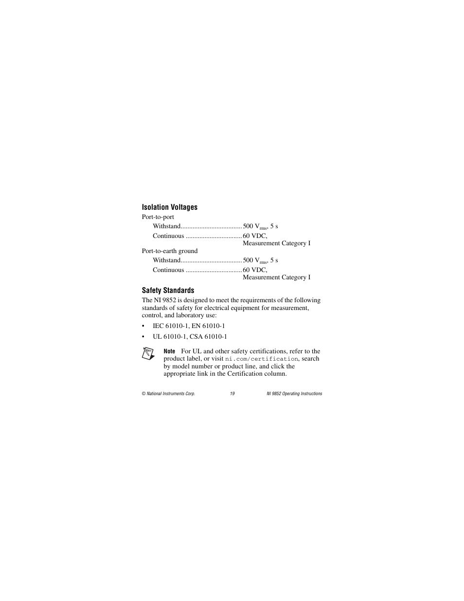 Isolation voltages, Safety standards | National Instruments NI 9852 User Manual | Page 19 / 27