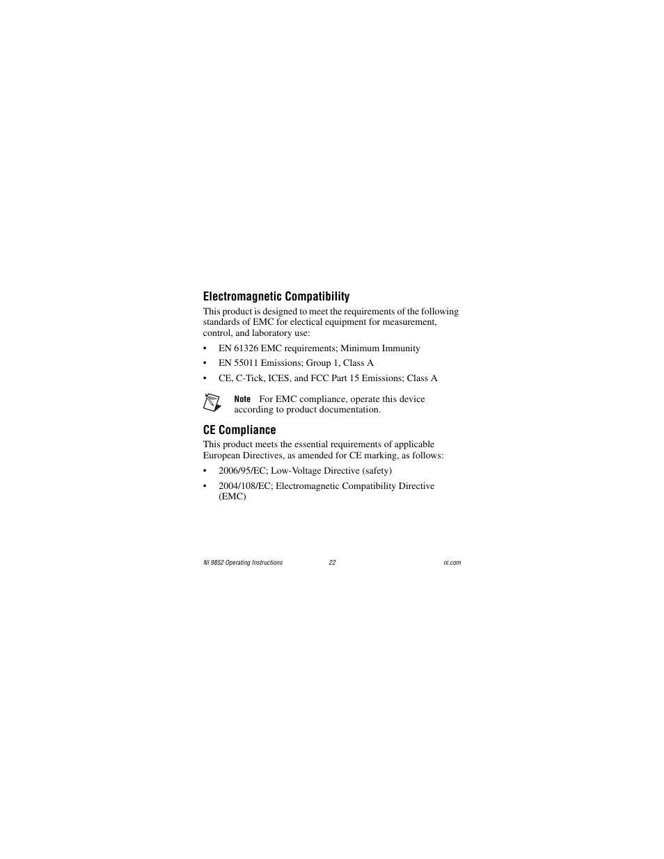 Electromagnetic compatibility, Ce compliance | National Instruments NI 9852 User Manual | Page 22 / 27