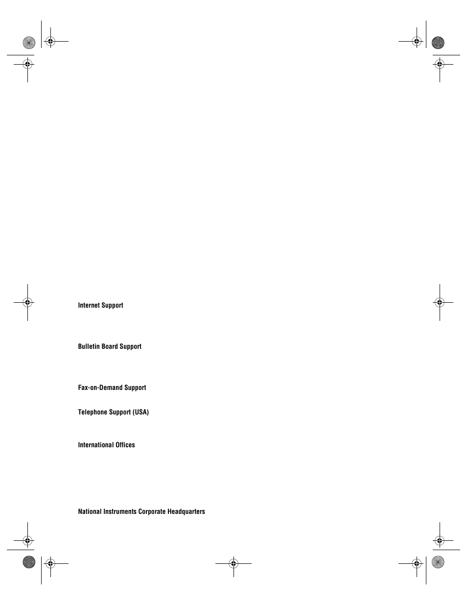 Support, Internet support, Bulletin board support | Fax-on-demand support, Telephone support (usa), International offices, Corporate headquarters | National Instruments PCI-6110E/6111E User Manual | Page 2 / 113