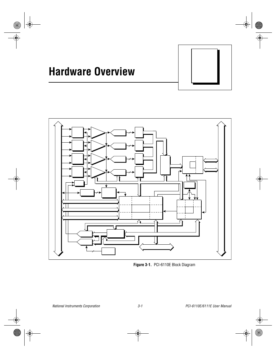 Chapter 3 hardware overview, Figure 3-1. pci-6110e block diagram, Figure 3-1 | Pci-6110e block diagram -1, Chapter 3, Hardware overview, Chapter, I/o connector, Pci bus | National Instruments PCI-6110E/6111E User Manual | Page 21 / 113