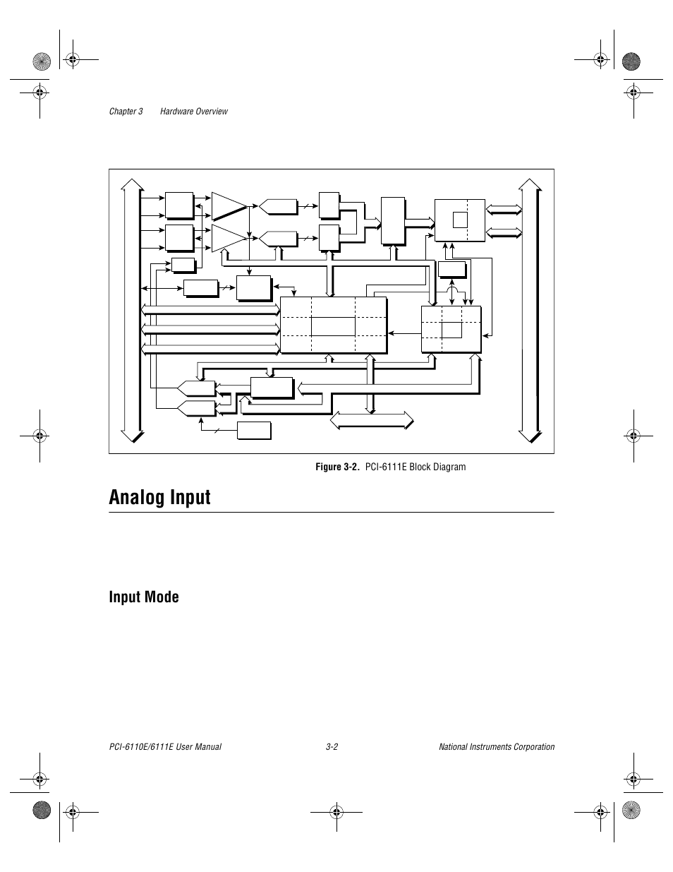 Analog input, Input mode, Figure 3-2. pci-6111e block diagram | Analog input -2, Input mode -2, Figure 3-2, Pci-6111e block diagram -2, I/o connector, Pci bus | National Instruments PCI-6110E/6111E User Manual | Page 22 / 113