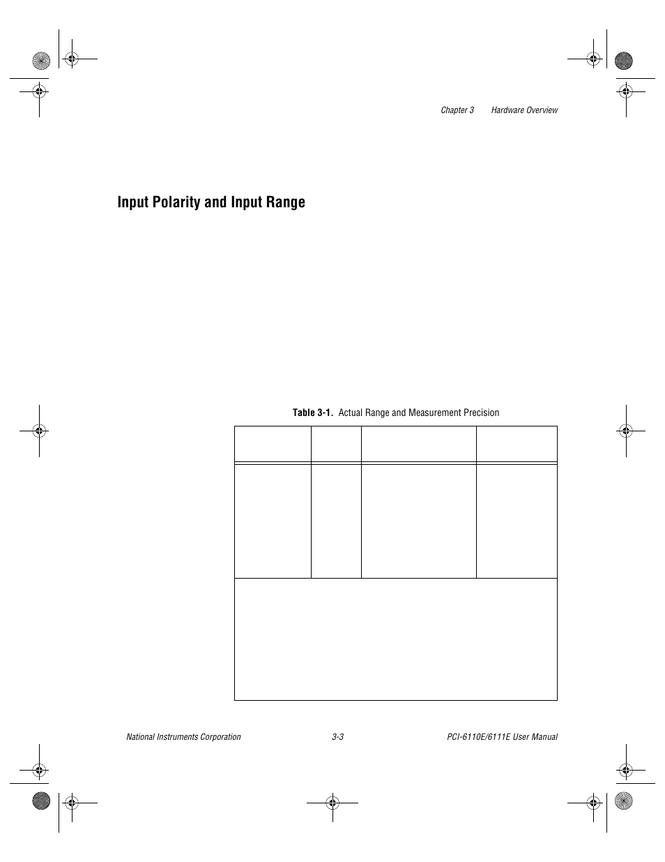Input polarity and input range, Table 3-1. actual range and measurement precision, Input polarity and input range -3 | Table 3-1, Actual range and measurement precision -3 | National Instruments PCI-6110E/6111E User Manual | Page 23 / 113