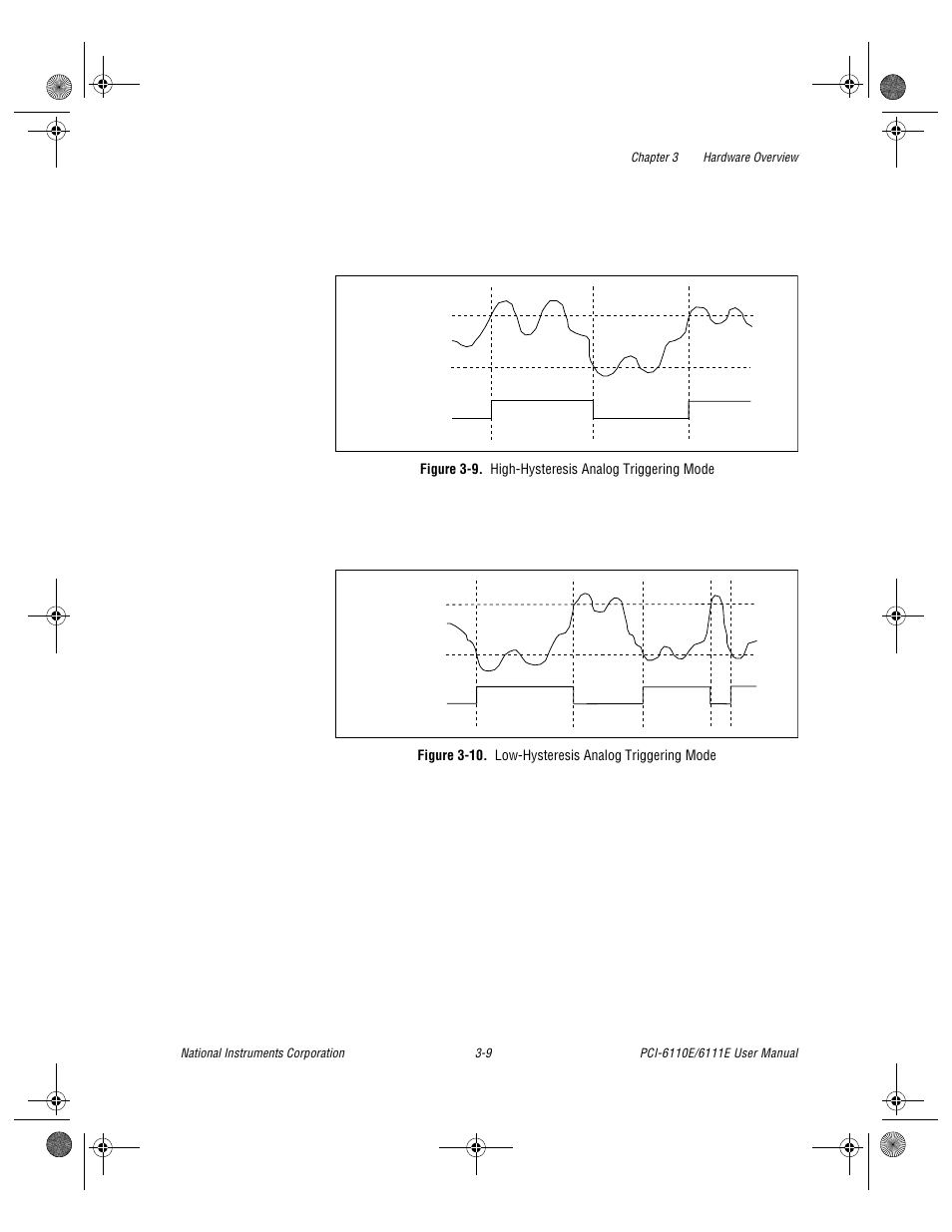 Figure 3-9. high hysteresis analog triggering mode, Figure 3-10. low hysteresis analog triggering mode, Figure 3-9 | High-hysteresis analog triggering mode -9 | National Instruments PCI-6110E/6111E User Manual | Page 29 / 113
