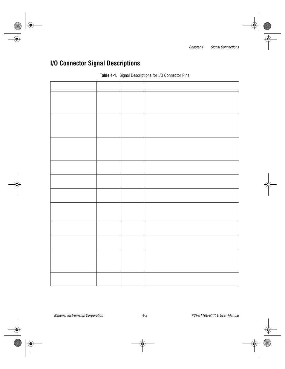 I/o connector signal descriptions, I/o connector signal descriptions -3, Table 4-1 | Signal descriptions for i/o connector pins -3 | National Instruments PCI-6110E/6111E User Manual | Page 36 / 113