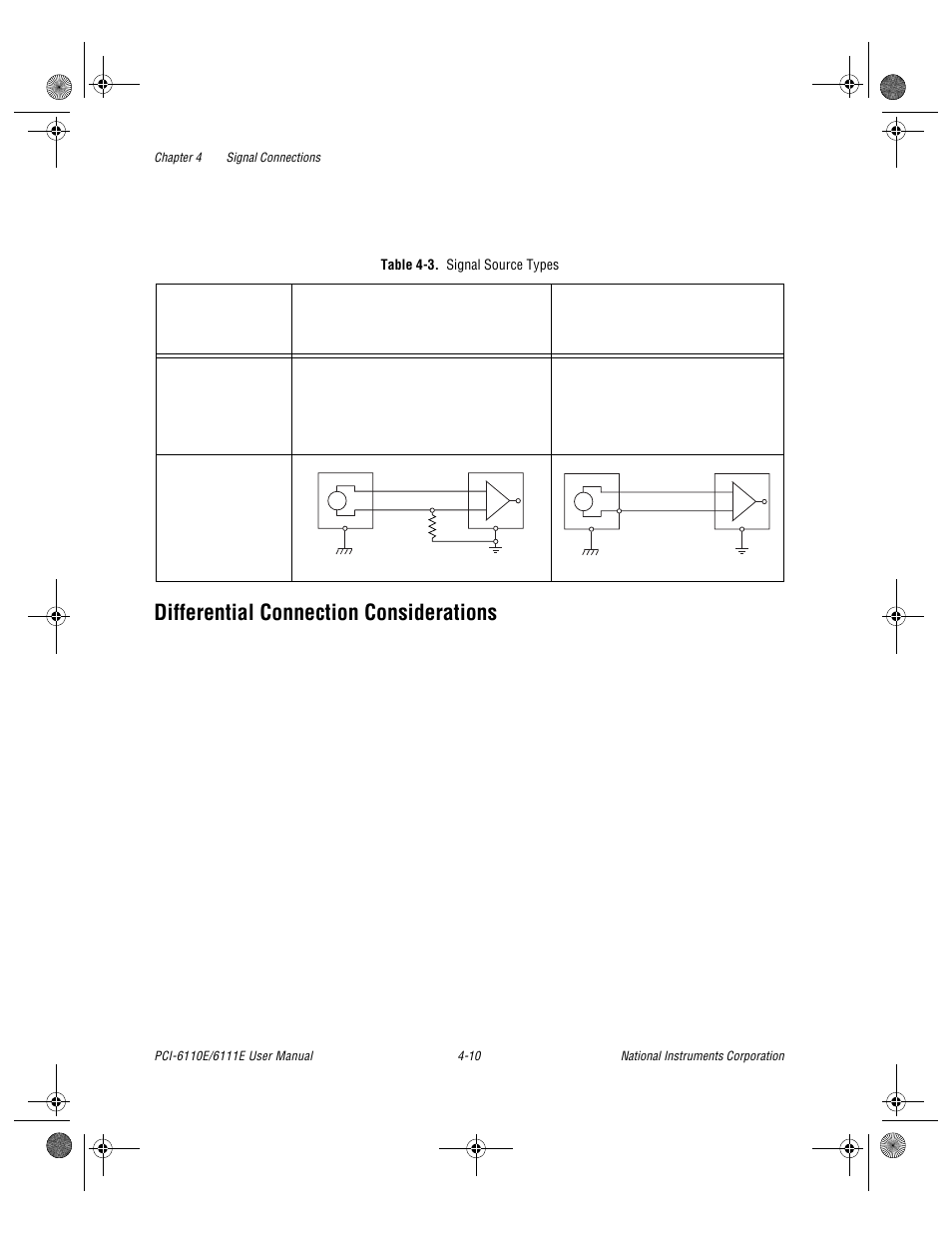 Differential connection considerations, Table 4-3. signal source types, Differential connection considerations -10 | Table 4-3, Signal source types -10 | National Instruments PCI-6110E/6111E User Manual | Page 43 / 113