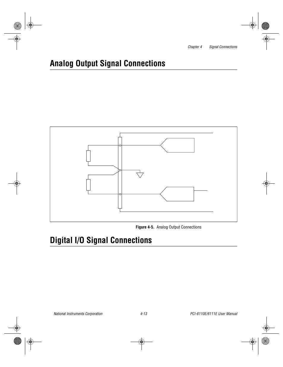Analog output signal connections, Digital i/o signal connections, Figure 4-5. analog output connections | Figure 4-5, Analog output connections -13 | National Instruments PCI-6110E/6111E User Manual | Page 46 / 113