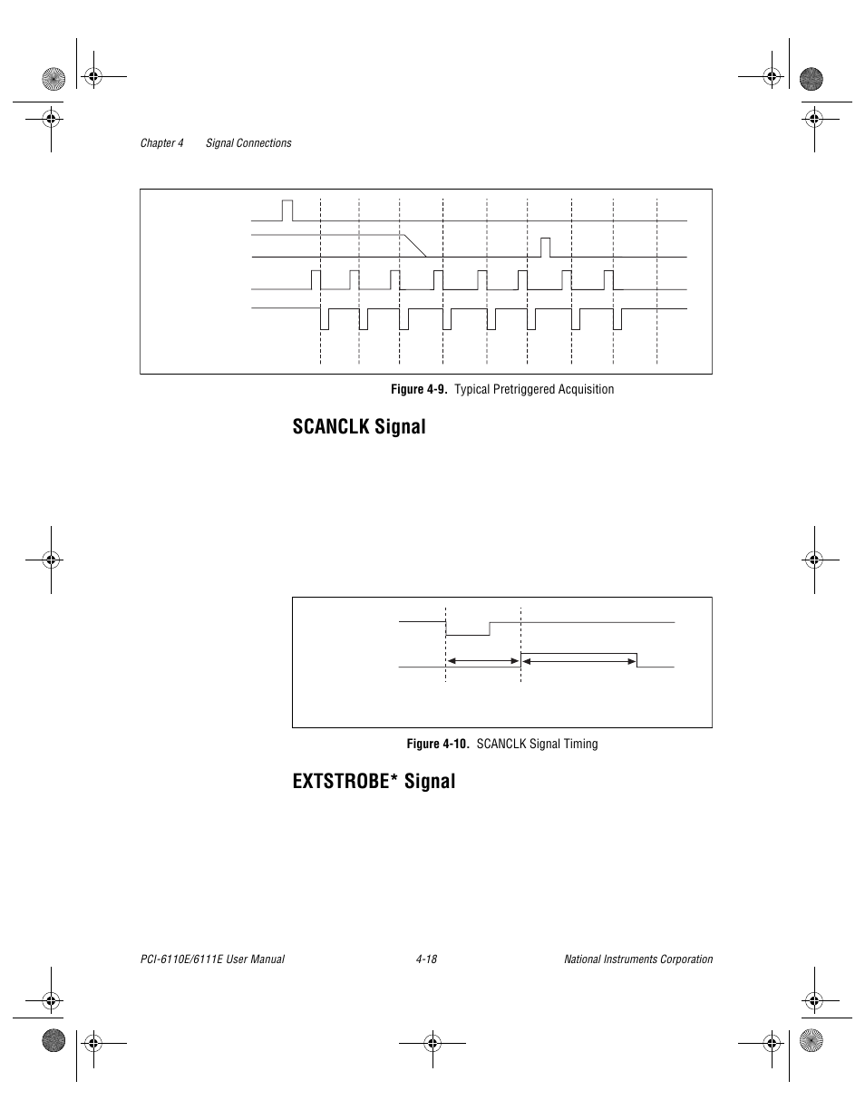 Figure 4-9. typical pretriggered acquisition, Figure 4-10. scanclk signal timing, Scanclk signal -18 extstrobe* signal -18 | Figure 4-9, Typical pretriggered acquisition -18, Figure 4-10. scanclk signal timing -18, Scanclk signal, Extstrobe* signal, Shows the timing for the scanclk signal | National Instruments PCI-6110E/6111E User Manual | Page 51 / 113