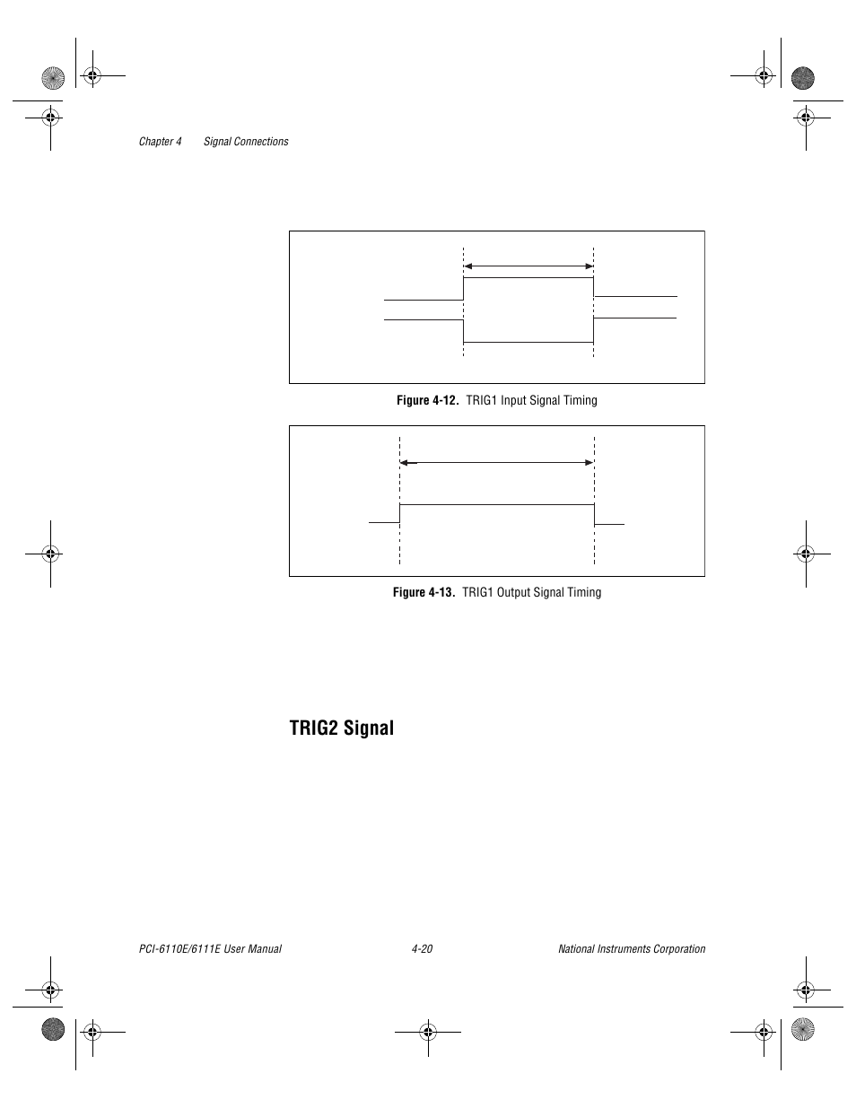 Figure 4-12. trig1 input signal timing, Figure 4-13. trig1 output signal timing, Trig2 signal -20 | Trig2 signal | National Instruments PCI-6110E/6111E User Manual | Page 53 / 113