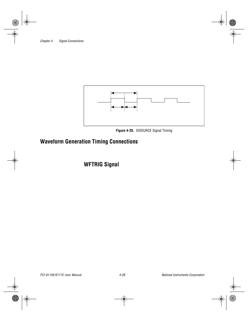 Waveform generation timing connections, Figure 4-20. sisource signal timing, Waveform generation timing connections -26 | Wftrig signal -26, Figure 4-20. sisource signal timing -26, Wftrig signal | National Instruments PCI-6110E/6111E User Manual | Page 59 / 113