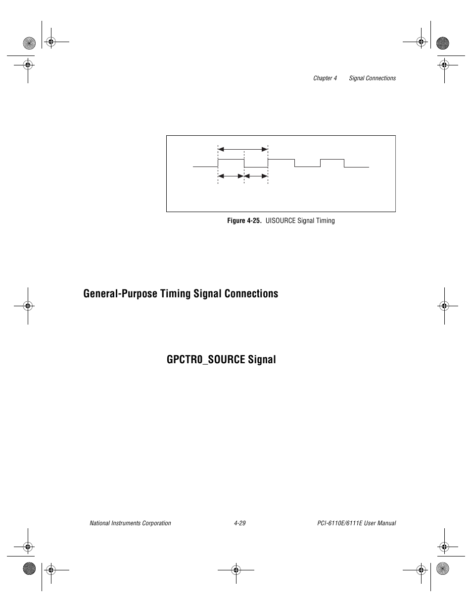 Generalpurpose timing signal connections, Figure 4-25. uisource signal timing, General-purpose timing signal connections -29 | Gpctr0_source signal -29, Figure 4-25. uisource signal timing -29, General-purpose timing signal connections, Sect, Gpctr0_source signal | National Instruments PCI-6110E/6111E User Manual | Page 62 / 113