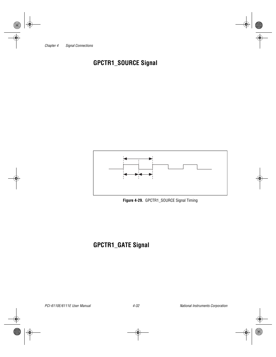 Figure 4-29. gpctr1_source signal timing, Gpctr1_source signal -32 gpctr1_gate signal -32, Figure 4-29. gpctr1_source signal timing -32 | Gpctr1_source signal, Gpctr1_gate signal | National Instruments PCI-6110E/6111E User Manual | Page 65 / 113