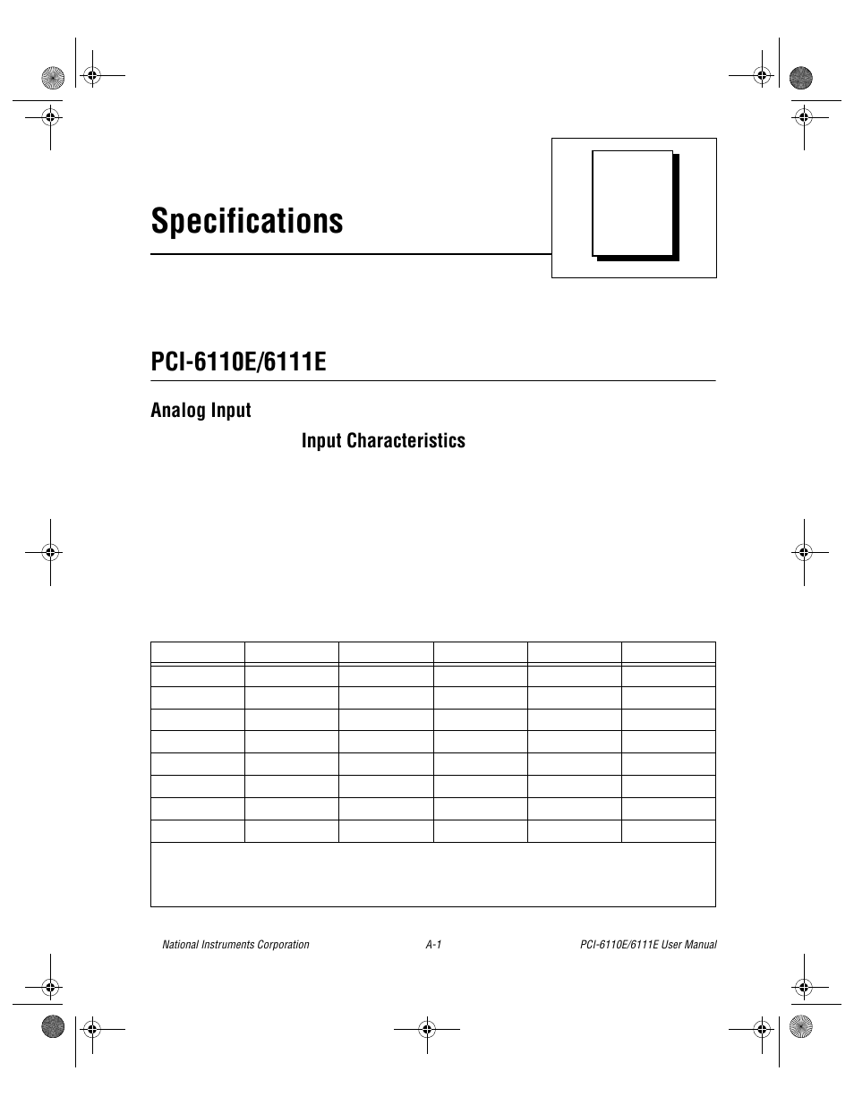 Appendix a specifications, Pci-6110e/6111e, Analog input | Appendix a, specifications, Specifications, Analog input input characteristics, Appendix | National Instruments PCI-6110E/6111E User Manual | Page 73 / 113