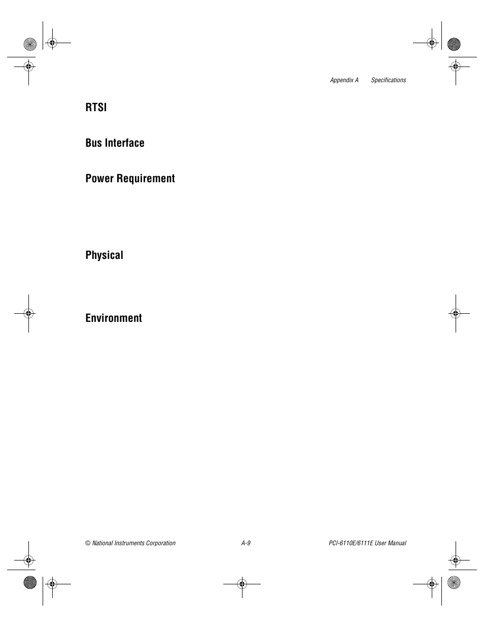 Rtsi, Bus interface, Power requirement | Physical, Environment | National Instruments PCI-6110E/6111E User Manual | Page 81 / 113