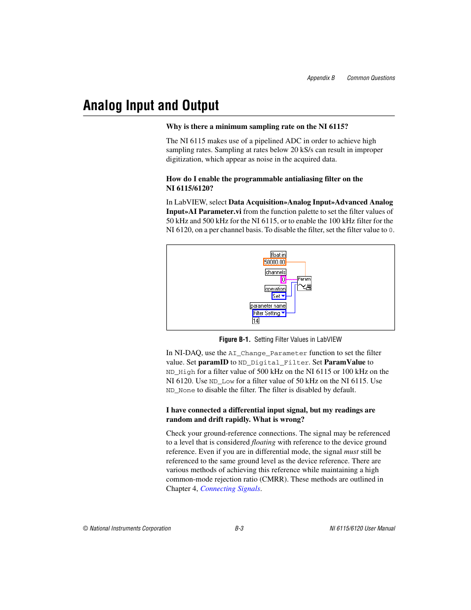 Figure b-1. setting filter values in labview, Analog input and output | National Instruments NI 6115/6120 User Manual | Page 100 / 127