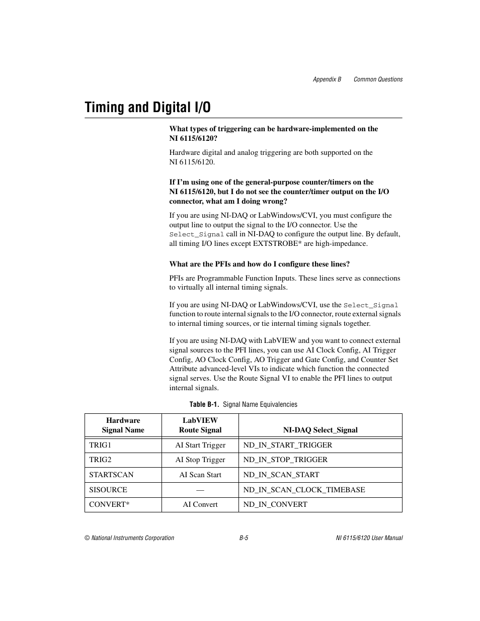 Table b-1. signal name equivalencies, Timing and digital i/o | National Instruments NI 6115/6120 User Manual | Page 102 / 127