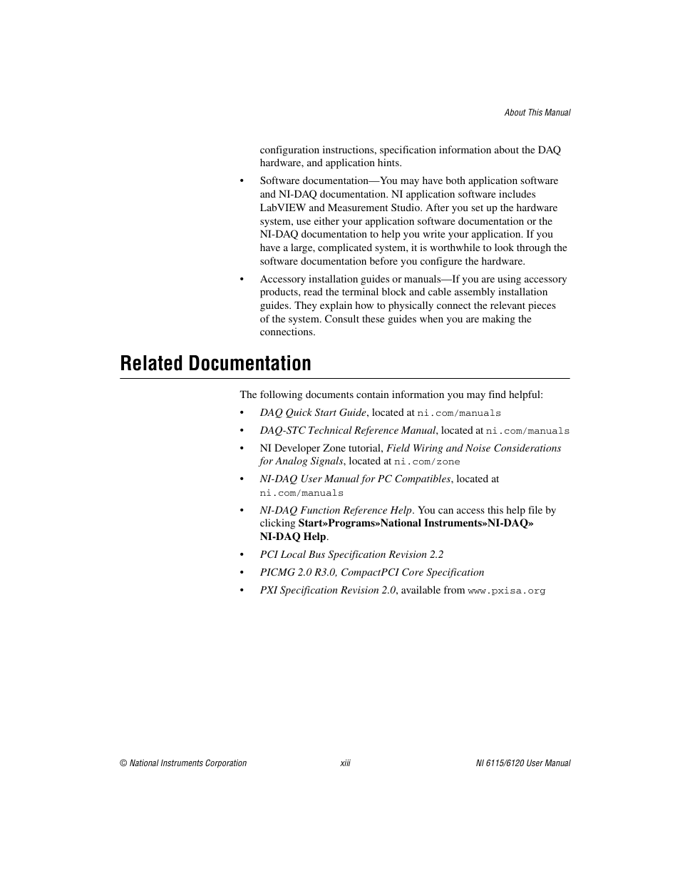 Related documentation | National Instruments NI 6115/6120 User Manual | Page 11 / 127