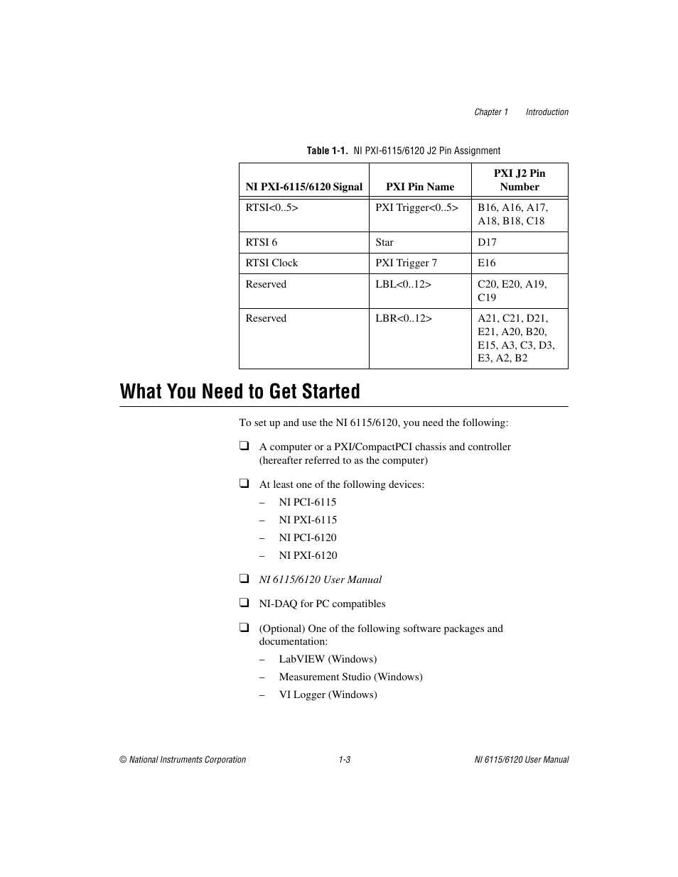 Table 1-1. ni pxi-6115/6120 j2 pin assignment, What you need to get started, What you need to get started -3 | National Instruments NI 6115/6120 User Manual | Page 14 / 127