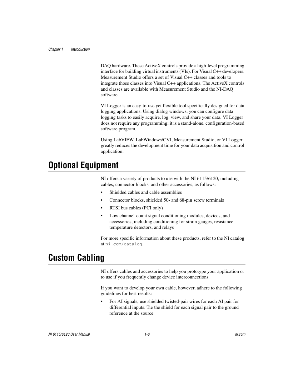 Optional equipment, Custom cabling, Optional equipment -6 custom cabling -6 | National Instruments NI 6115/6120 User Manual | Page 17 / 127