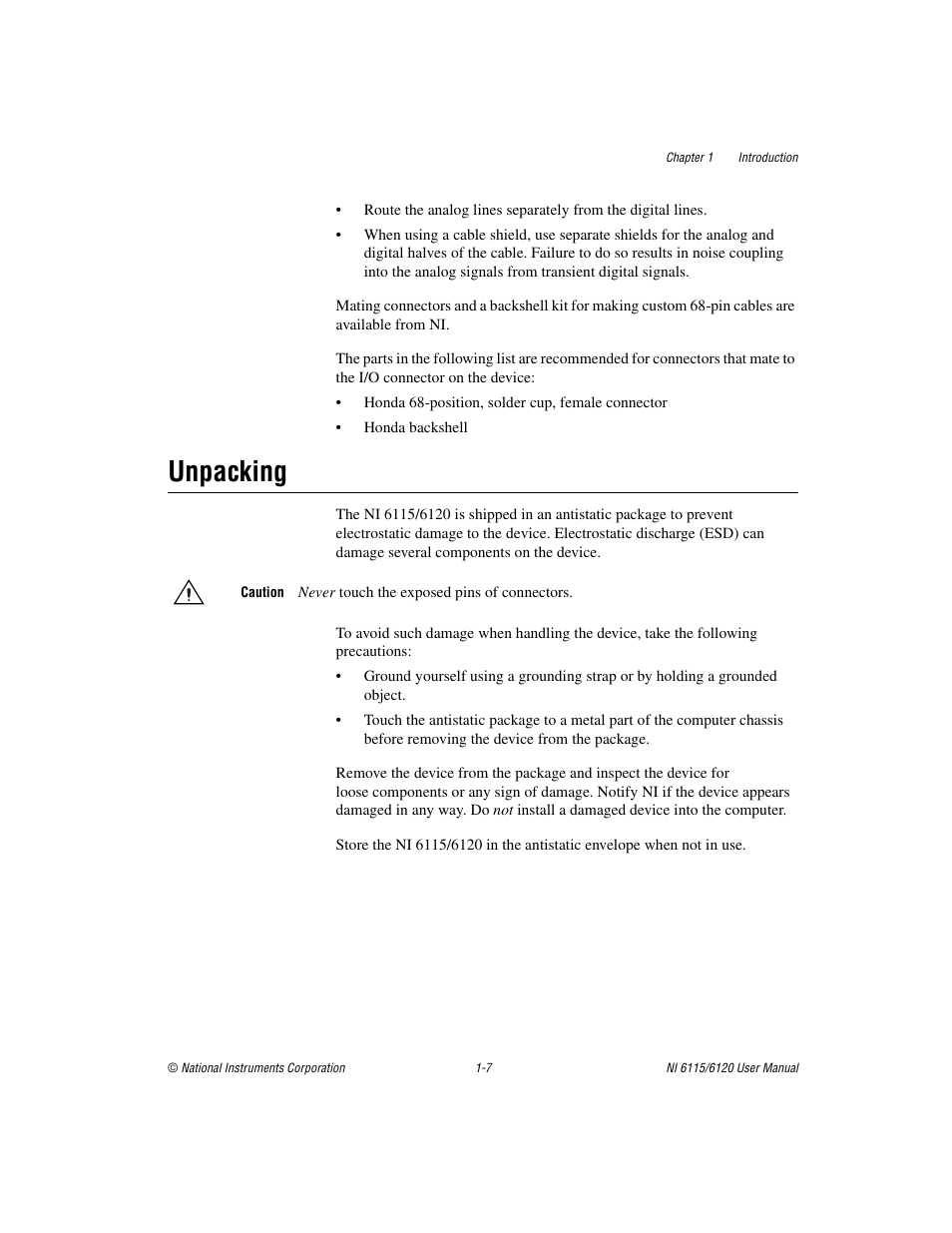 Unpacking, Unpacking -7 | National Instruments NI 6115/6120 User Manual | Page 18 / 127