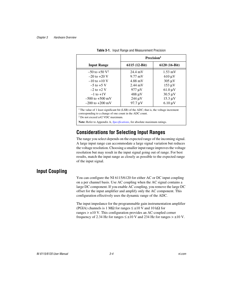 Table 3-1. input range and measurement precision, Considerations for selecting input ranges, Input coupling | Considerations for selecting input ranges -4, Input coupling -4 | National Instruments NI 6115/6120 User Manual | Page 27 / 127