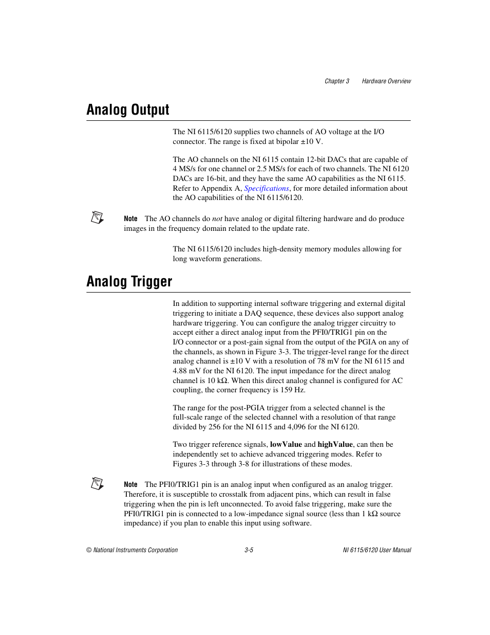 Analog output, Analog trigger, Analog output -5 analog trigger -5 | National Instruments NI 6115/6120 User Manual | Page 28 / 127