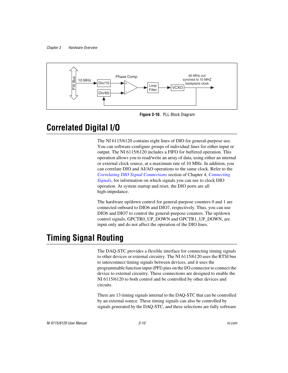 Figure 3-10. pll block diagram, Correlated digital i/o, Timing signal routing | National Instruments NI 6115/6120 User Manual | Page 33 / 127