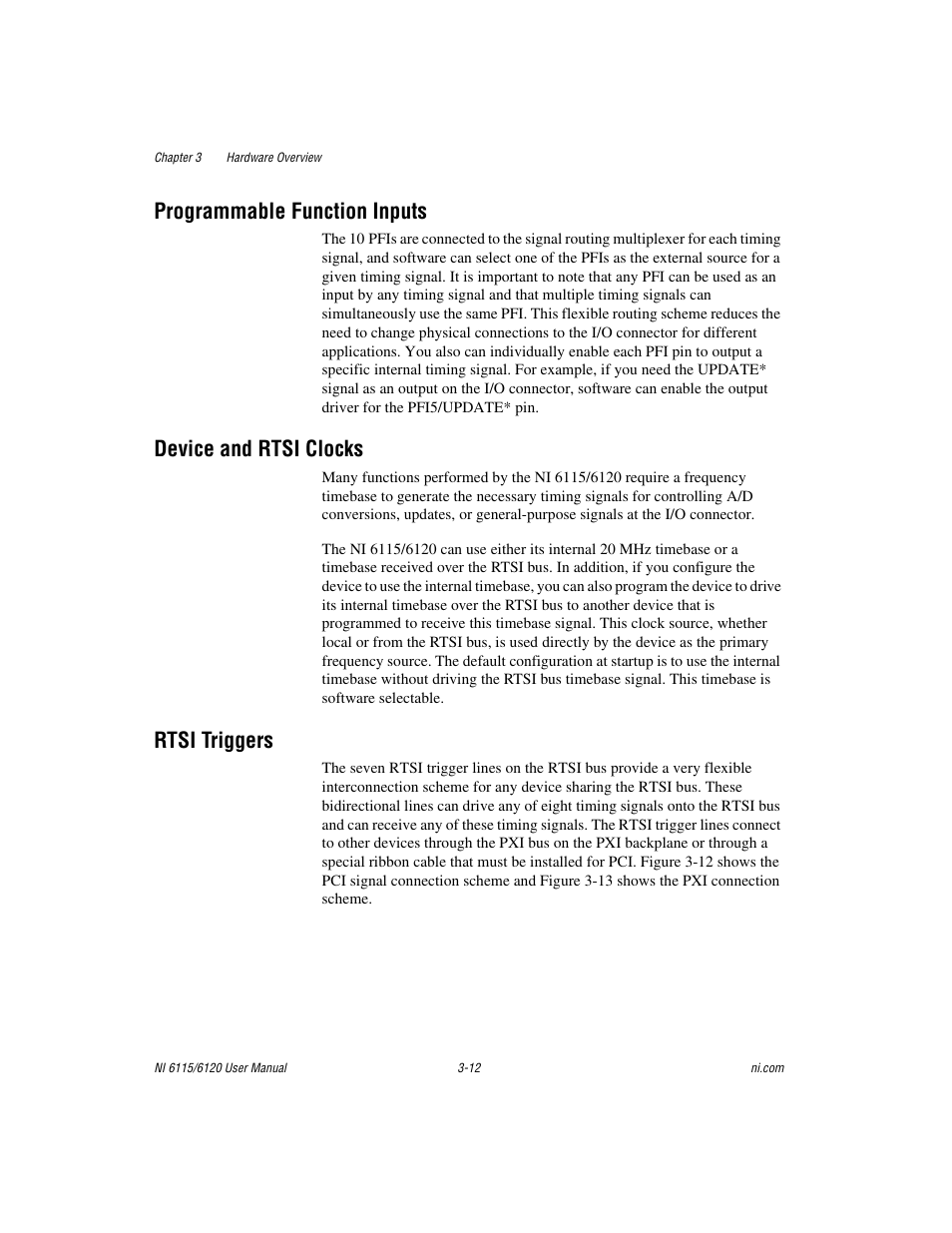 Programmable function inputs, Device and rtsi clocks, Rtsi triggers | National Instruments NI 6115/6120 User Manual | Page 35 / 127