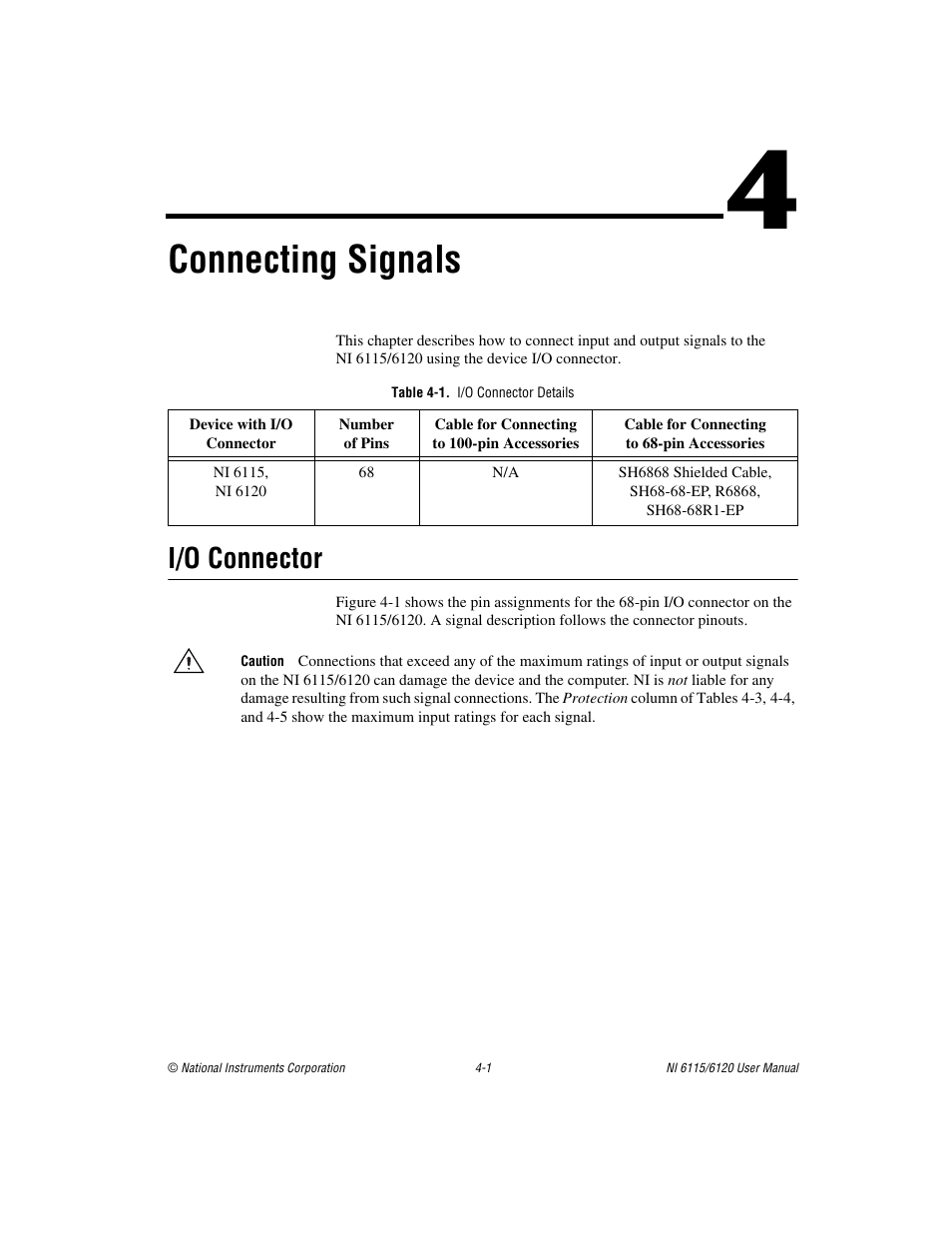 Chapter 4 connecting signals, Table 4-1. i/o connector details, I/o connector | I/o connector -1, Ction of chapter 4, Connecting signals, Connecting, Signals, Chapter 4 | National Instruments NI 6115/6120 User Manual | Page 38 / 127