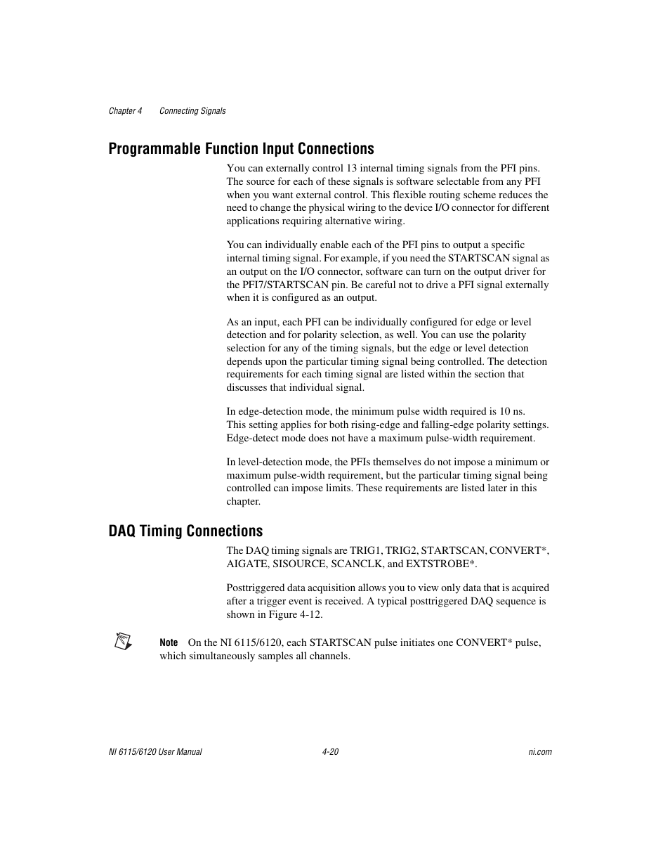 Programmable function input connections, Daq timing connections, In the | National Instruments NI 6115/6120 User Manual | Page 57 / 127