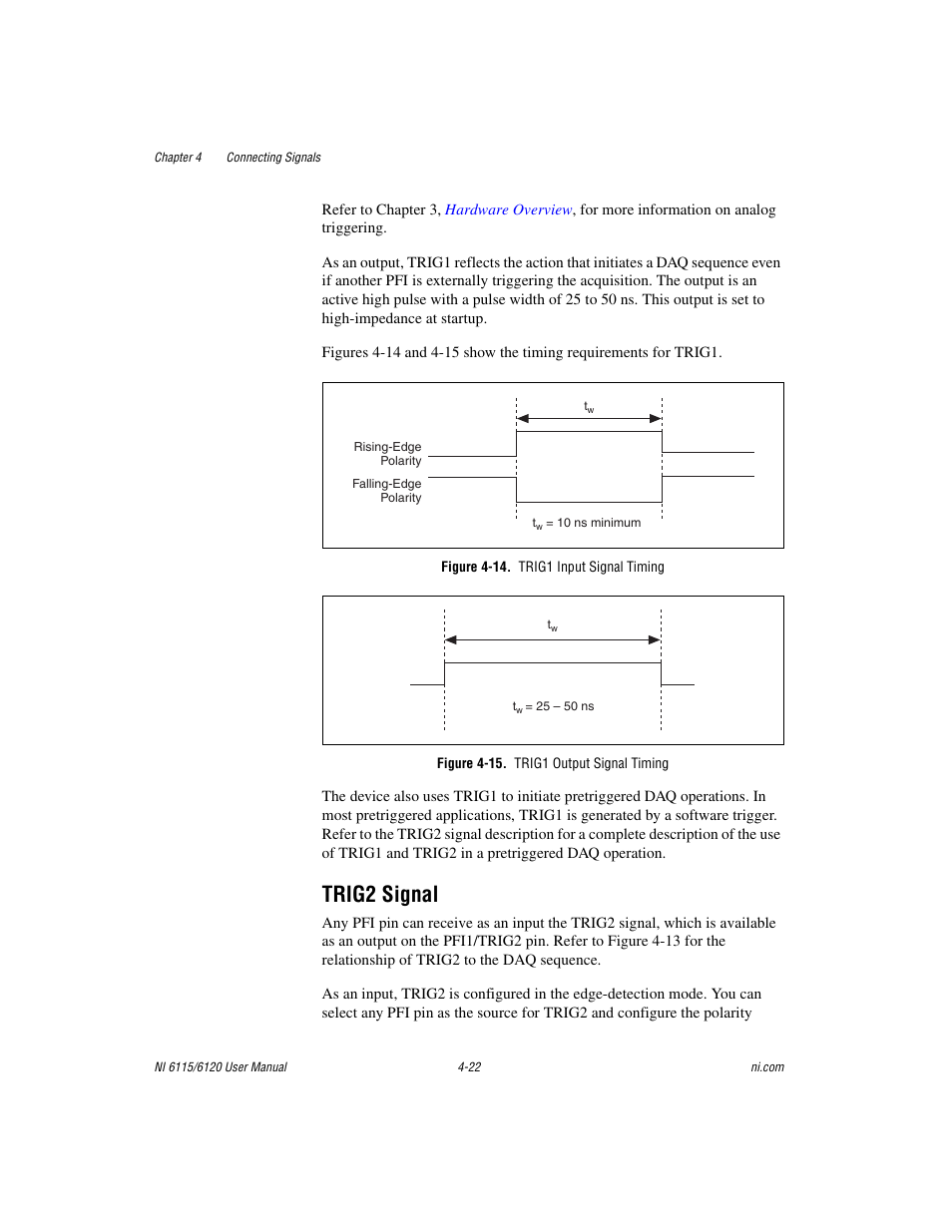Figure 4-14. trig1 input signal timing, Figure 4-15. trig1 output signal timing, Trig2 signal | Trig2 signal -22 | National Instruments NI 6115/6120 User Manual | Page 59 / 127