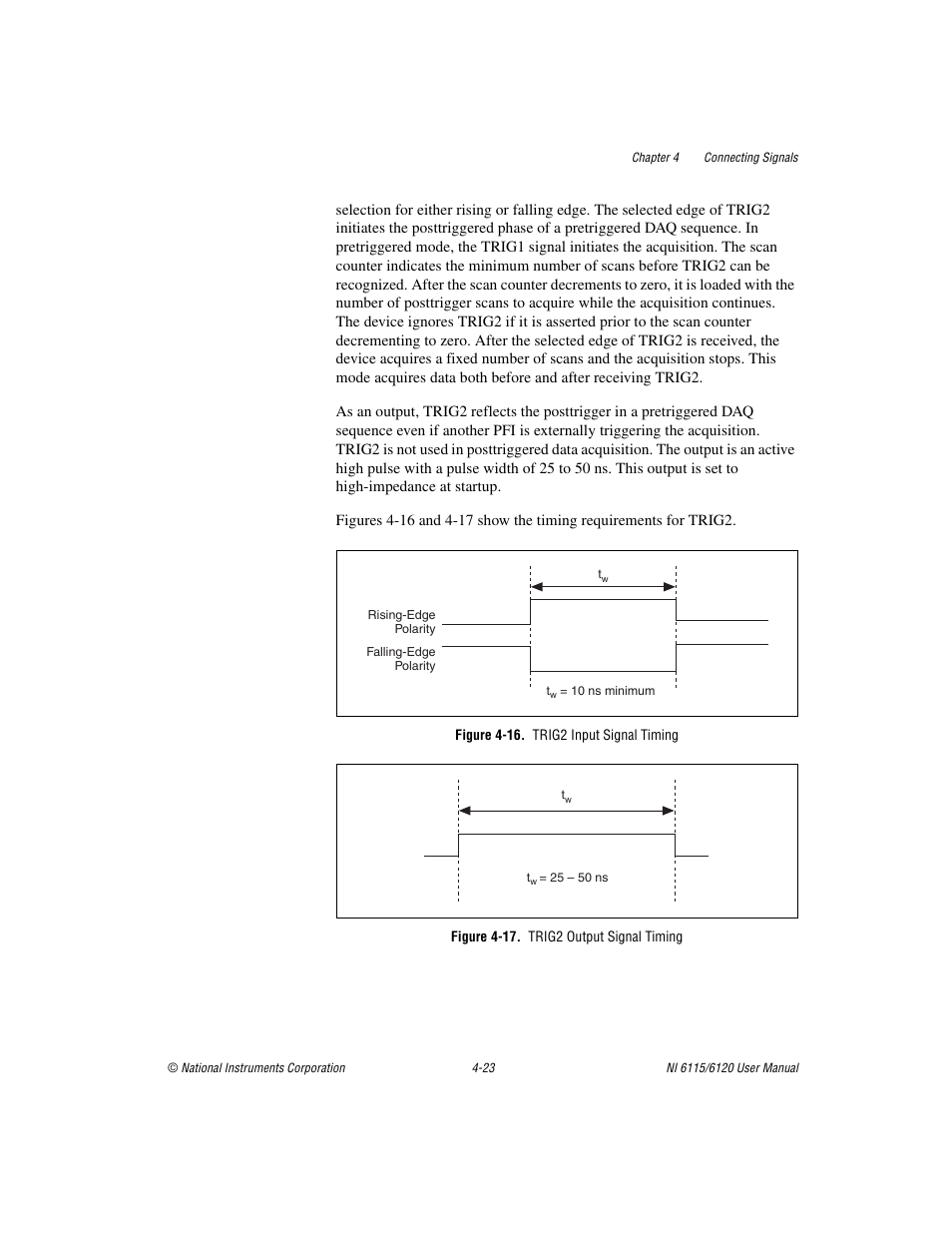 Figure 4-16. trig2 input signal timing, Figure 4-17. trig2 output signal timing | National Instruments NI 6115/6120 User Manual | Page 60 / 127