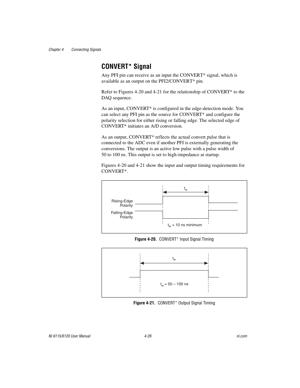 Convert* signal, Figure 4-20. convert* input signal timing, Figure 4-21. convert* output signal timing | Convert* signal -26 | National Instruments NI 6115/6120 User Manual | Page 63 / 127