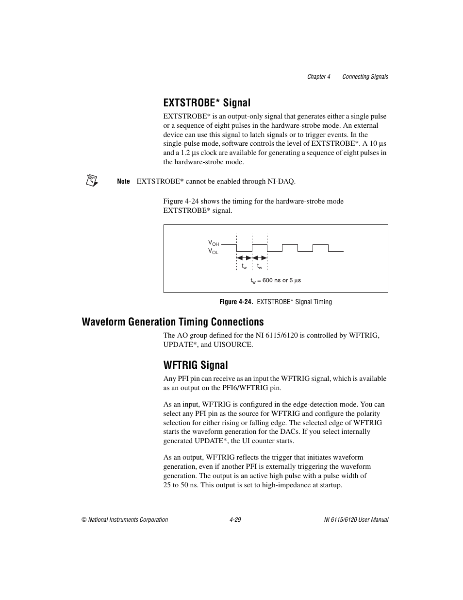 Extstrobe* signal, Figure 4-24. extstrobe* signal timing, Waveform generation timing connections | Wftrig signal, Extstrobe* signal -29, Waveform generation timing connections -29, Wftrig signal -29 | National Instruments NI 6115/6120 User Manual | Page 66 / 127