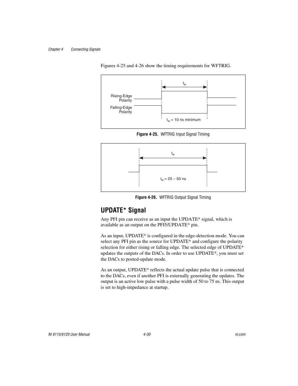 Figure 4-25. wftrig input signal timing, Figure 4-26. wftrig output signal timing, Update* signal | Update* signal -30 | National Instruments NI 6115/6120 User Manual | Page 67 / 127