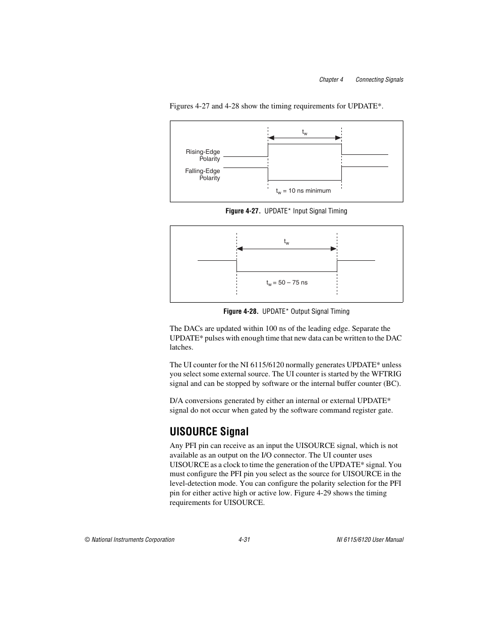 Figure 4-27. update* input signal timing, Figure 4-28. update* output signal timing, Uisource signal | Uisource signal -31 | National Instruments NI 6115/6120 User Manual | Page 68 / 127