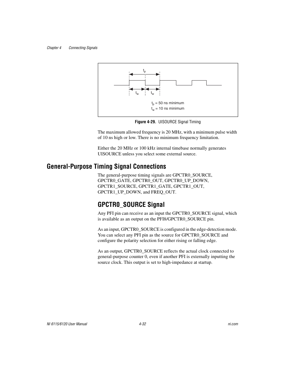 Figure 4-29. uisource signal timing, General-purpose timing signal connections, Gpctr0_source signal | General-purpose timing signal connections -32, Gpctr0_source signal -32, Section | National Instruments NI 6115/6120 User Manual | Page 69 / 127