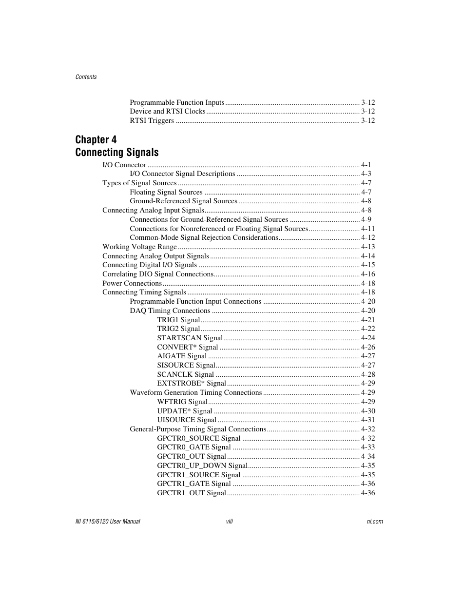 Chapter 4 connecting signals | National Instruments NI 6115/6120 User Manual | Page 7 / 127