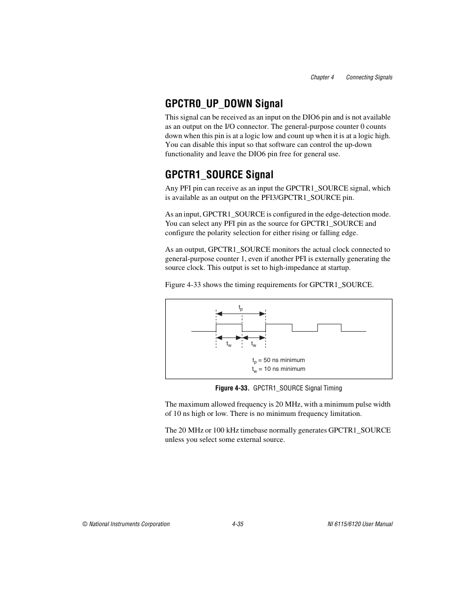 Gpctr0_up_down signal, Gpctr1_source signal, Figure 4-33. gpctr1_source signal timing | Gpctr0_up_down signal -35 gpctr1_source signal -35 | National Instruments NI 6115/6120 User Manual | Page 72 / 127