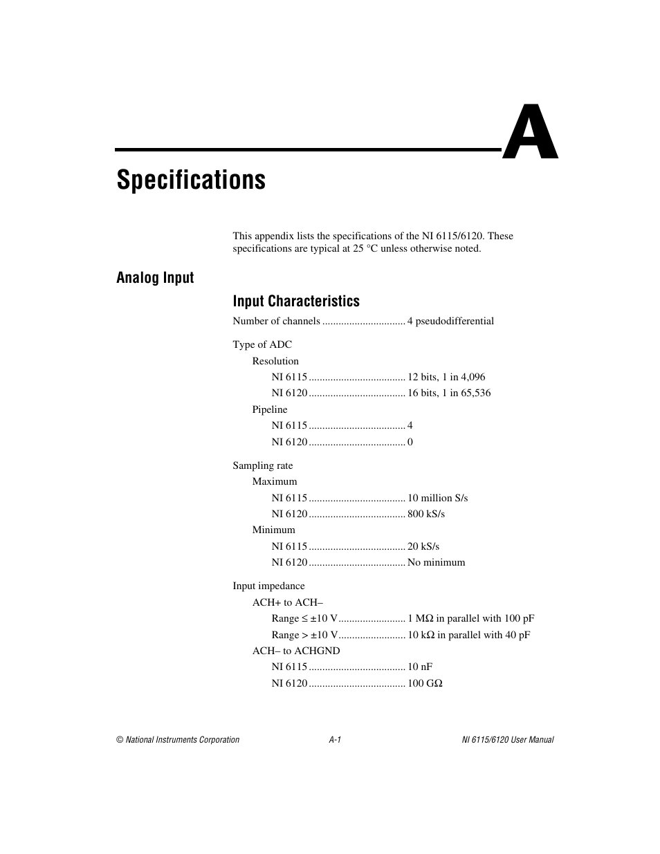 Appendix a specifications, Specifications, Ndix a | National Instruments NI 6115/6120 User Manual | Page 80 / 127