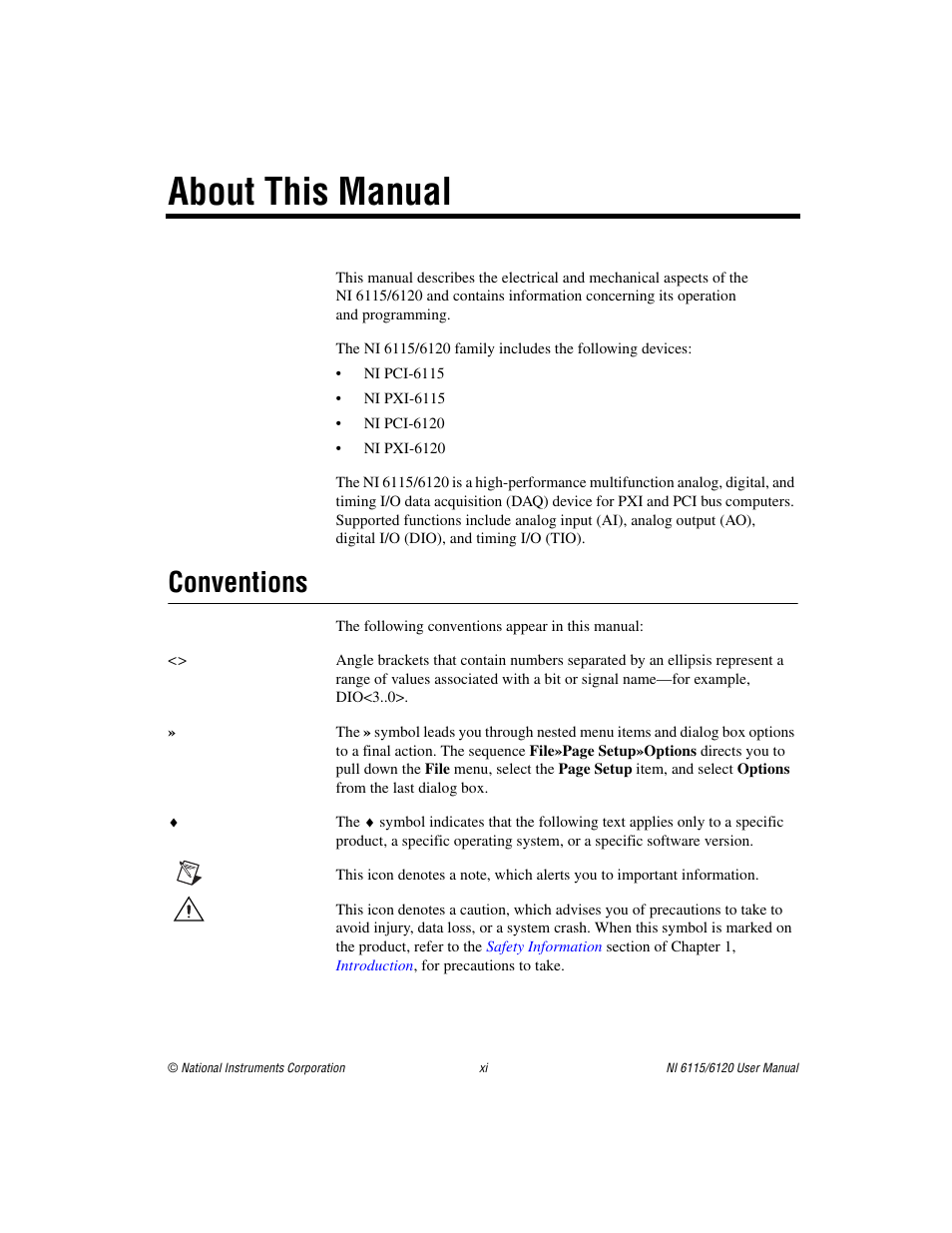About this manual, Conventions | National Instruments NI 6115/6120 User Manual | Page 9 / 127