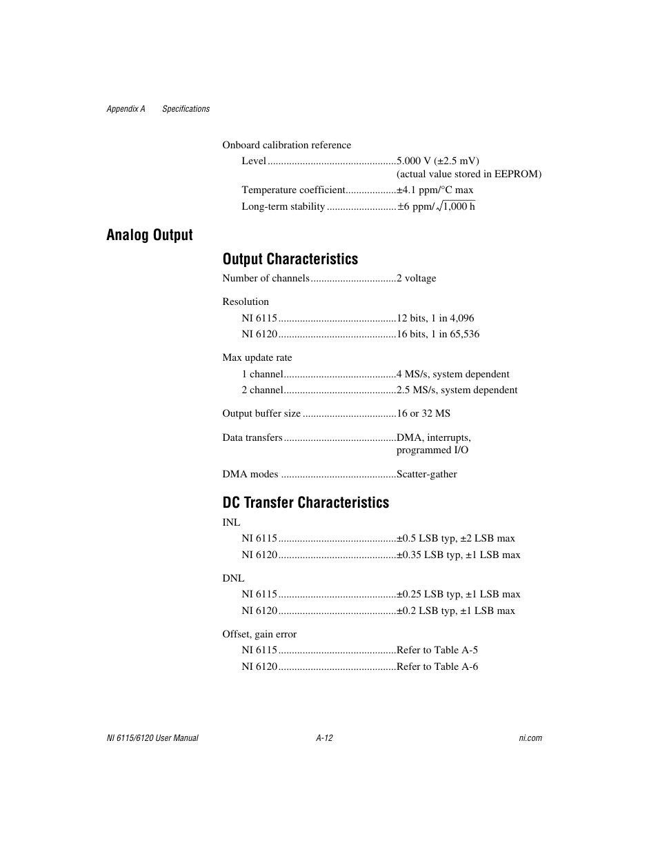 Analog output output characteristics, Dc transfer characteristics | National Instruments NI 6115/6120 User Manual | Page 91 / 127