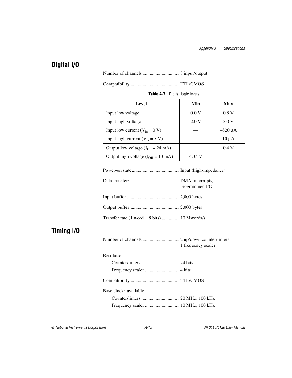Table a-7. digital logic levels, Digital i/o, Timing i/o | National Instruments NI 6115/6120 User Manual | Page 94 / 127