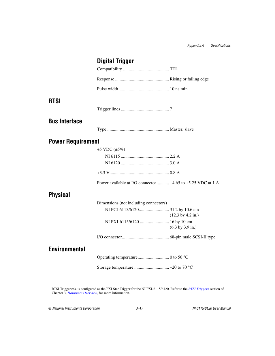 Digital trigger, Rtsi, Bus interface | Power requirement, Physical, Environmental | National Instruments NI 6115/6120 User Manual | Page 96 / 127