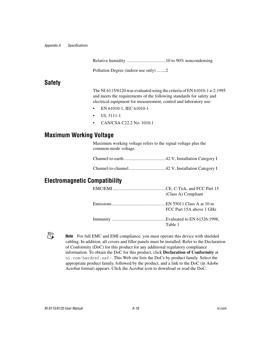 Safety, Maximum working voltage, Electromagnetic compatibility | National Instruments NI 6115/6120 User Manual | Page 97 / 127