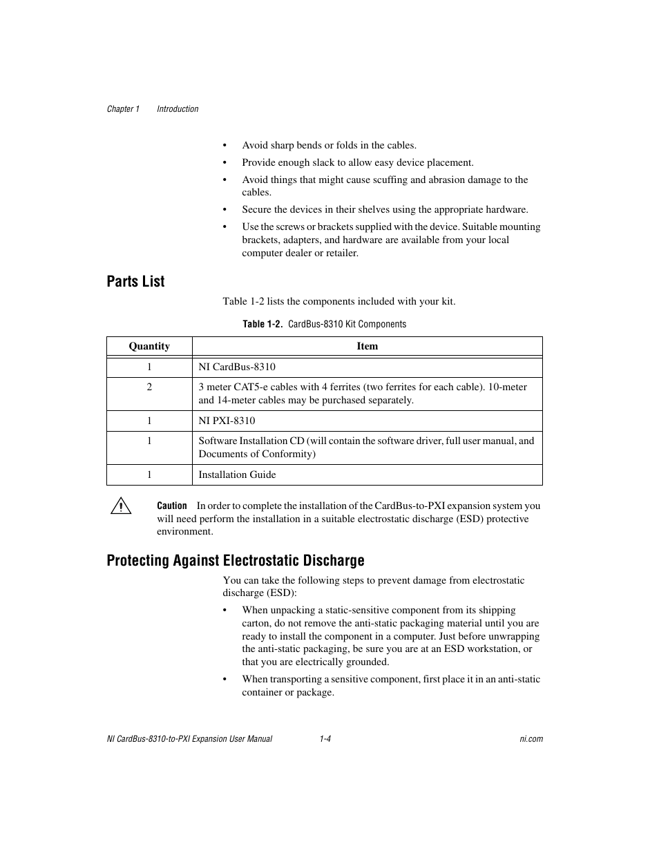 Parts list, Table 1-2. cardbus-8310 kit components, Protecting against electrostatic discharge | National Instruments NI CardBus-8310-to-PXI Expansion User Manual | Page 11 / 43