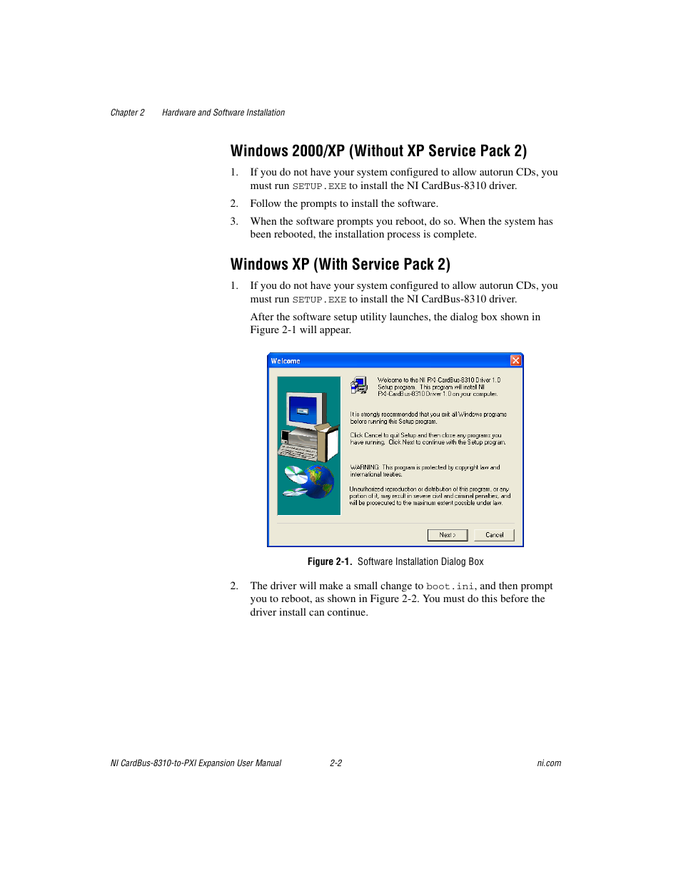 Windows 2000/xp (without xp service pack 2), Windows xp (with service pack 2), Figure 2-1. software installation dialog box | National Instruments NI CardBus-8310-to-PXI Expansion User Manual | Page 16 / 43