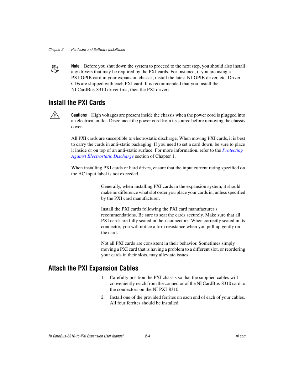 Install the pxi cards, Attach the pxi expansion cables | National Instruments NI CardBus-8310-to-PXI Expansion User Manual | Page 18 / 43